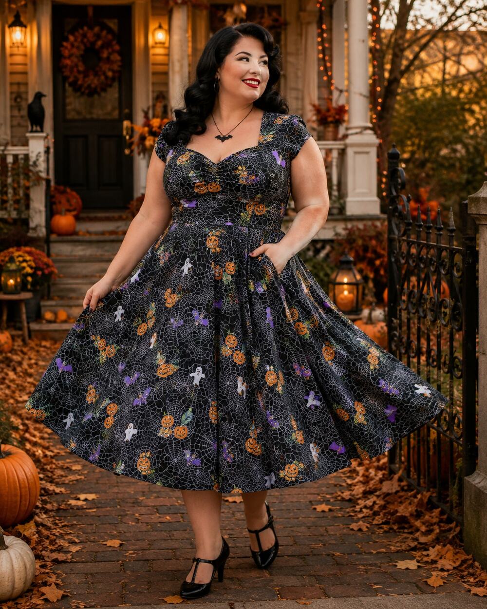 Hell Bunny Harlow Halloween 2XL Swing Dress Pumpkin Ghost Bat Goth